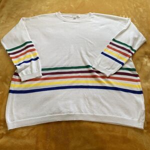 Vine & Love White Sweater With Rainbow Stripes Size Medium 3/4 Length Sleeves